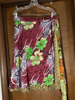 Darn Good Yarn Sari Silk Wrap Skirt Womens Goddess Mini Boho Gypsy Reversible